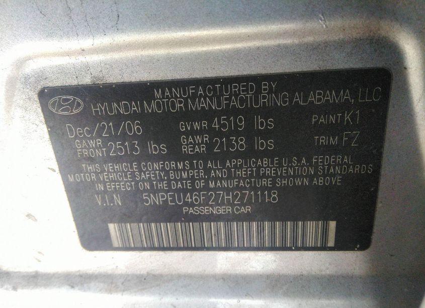 Photo 9 of 2007 Hyundai Sonata LIMITED/SE V6 (VIN 5NPEU46F27H271118)