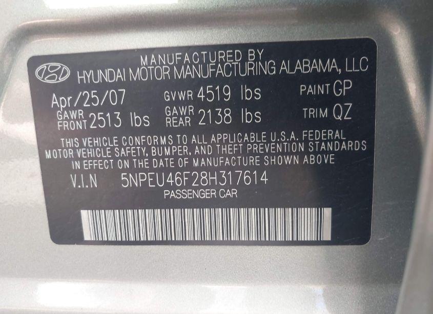 Photo 9 of 2008 Hyundai Sonata LIMITED V6/SE V6 (VIN 5NPEU46F28H317614)