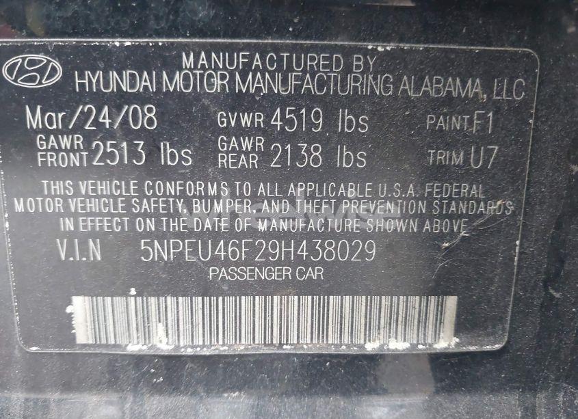 Photo 9 of 2009 Hyundai Sonata SE V6 (VIN 5NPEU46F29H438029)