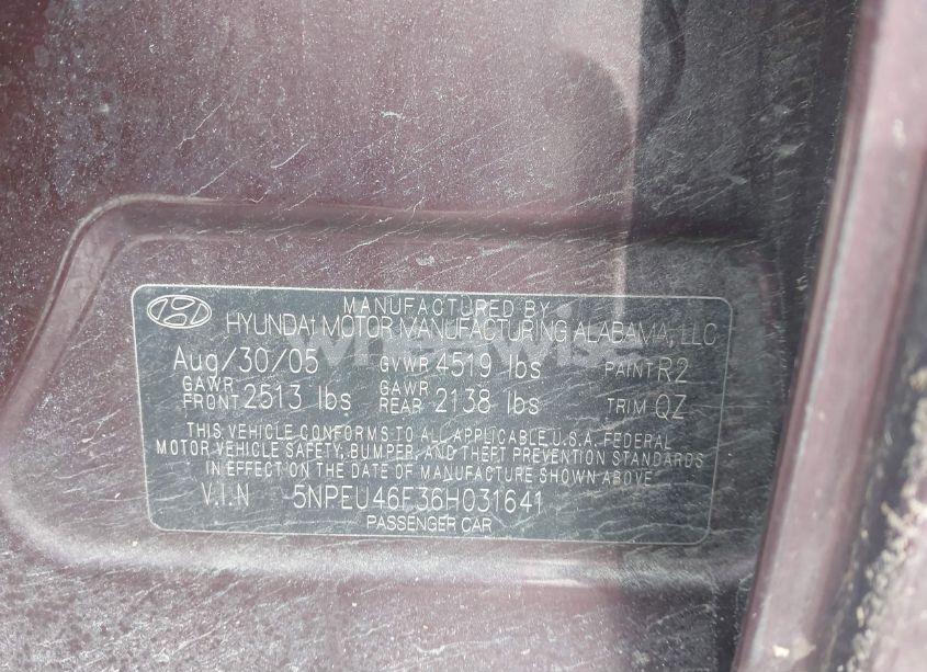 Photo 9 of 2006 Hyundai Sonata GLS V6/LX V6 (VIN 5NPEU46F36H031641)