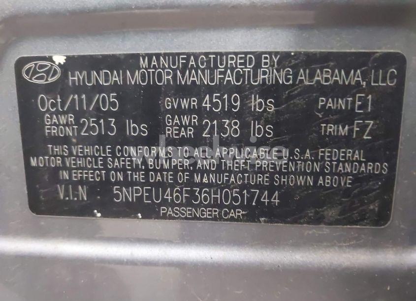 Photo 9 of 2006 Hyundai Sonata GLS V6/LX V6 (VIN 5NPEU46F36H051744)