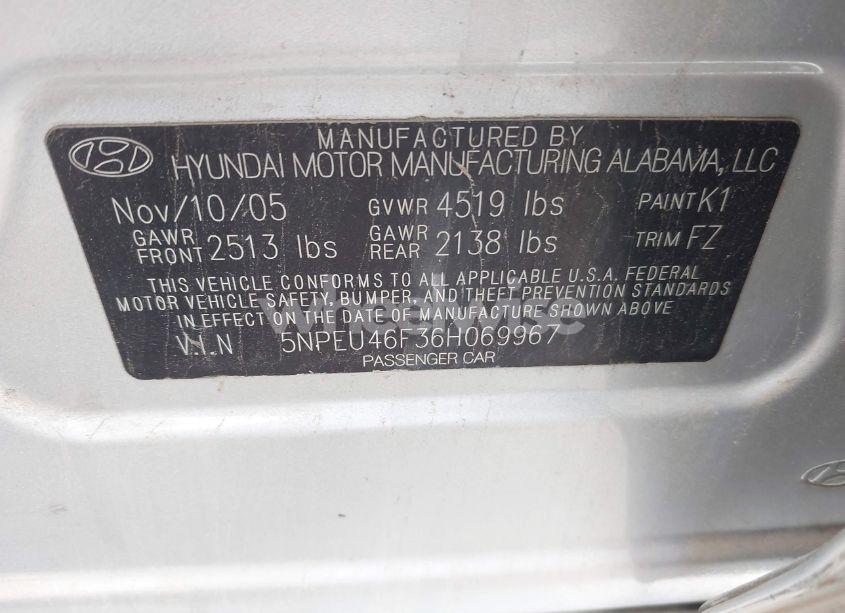 Photo 9 of 2006 Hyundai Sonata GLS V6/LX V6 (VIN 5NPEU46F36H069967)
