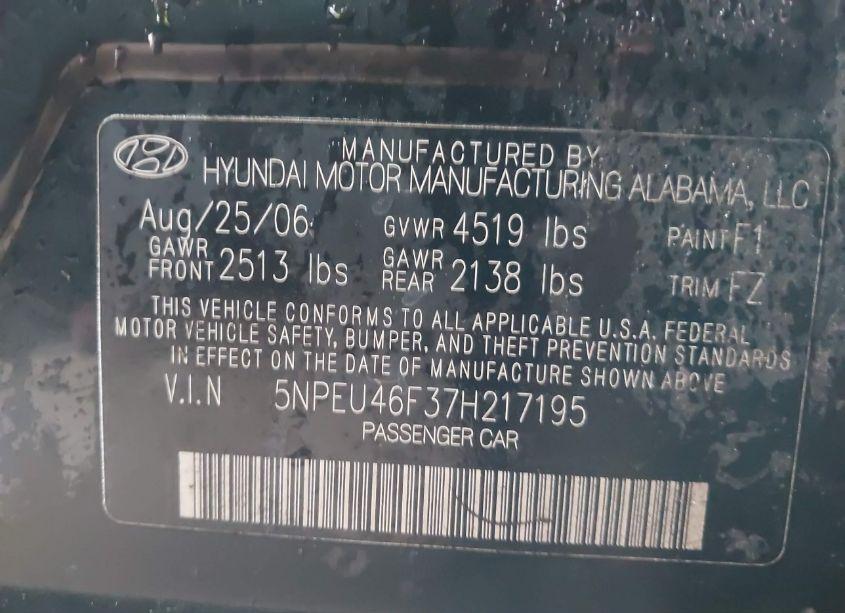 Photo 9 of 2007 Hyundai Sonata LIMITED/SE V6 (VIN 5NPEU46F37H217195)