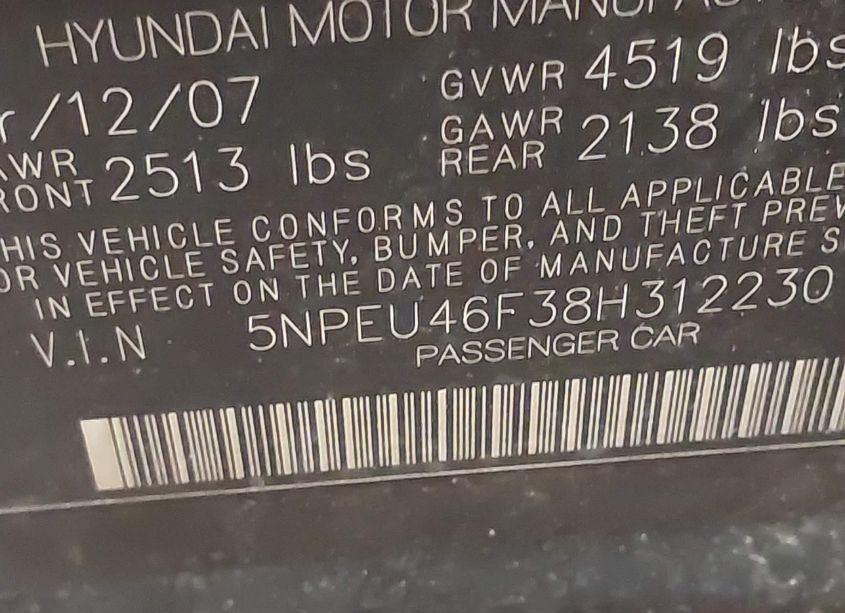 Photo 9 of 2008 Hyundai Sonata LIMITED V6/SE V6 (VIN 5NPEU46F38H312230)