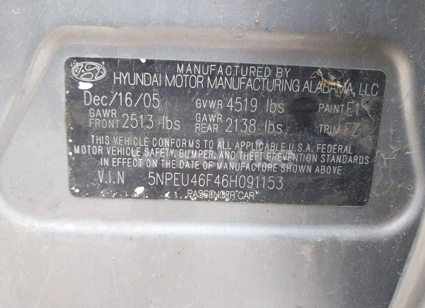 Photo 9 of 2006 Hyundai Sonata GLS V6/LX V6 (VIN 5NPEU46F46H091153)