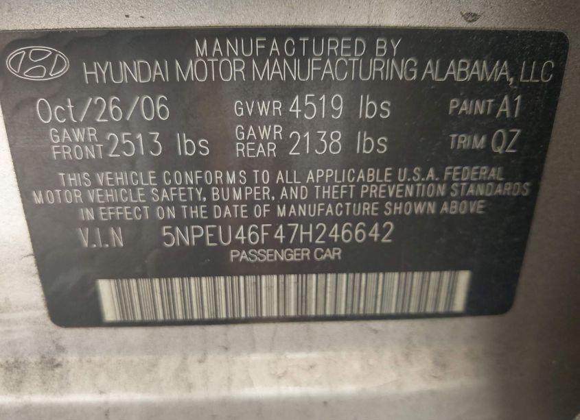 Photo 9 of 2007 Hyundai Sonata LIMITED/SE V6 (VIN 5NPEU46F47H246642)