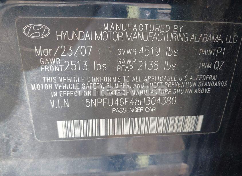 Photo 9 of 2008 Hyundai Sonata LIMITED V6/SE V6 (VIN 5NPEU46F48H304380)