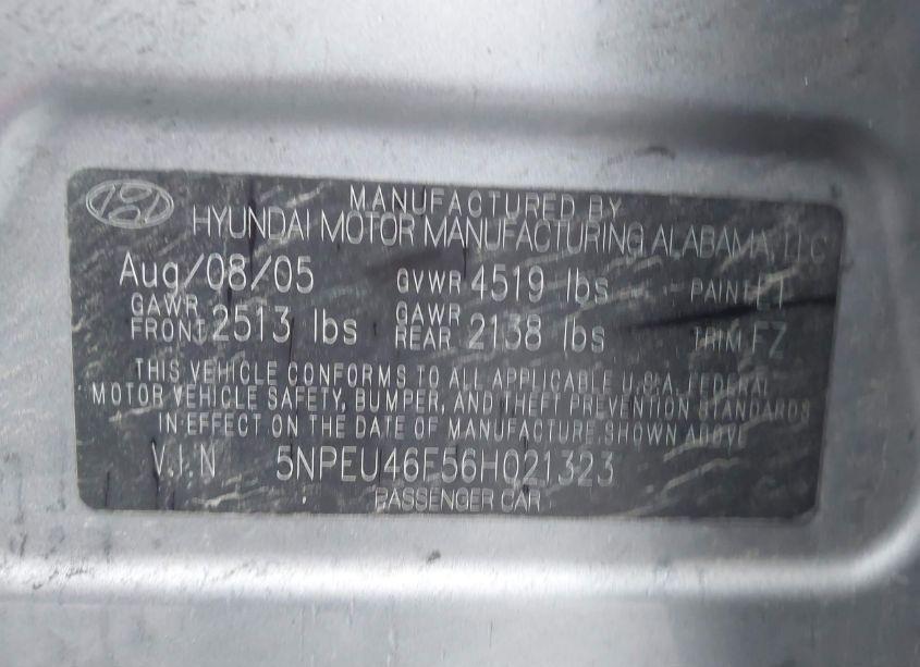 Photo 9 of 2006 Hyundai Sonata GLS V6/LX V6 (VIN 5NPEU46F56H021323)