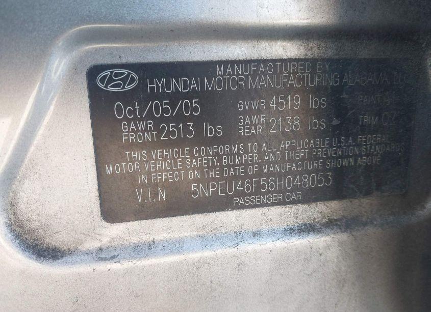 Photo 9 of 2006 Hyundai Sonata GLS V6/LX V6 (VIN 5NPEU46F56H048053)