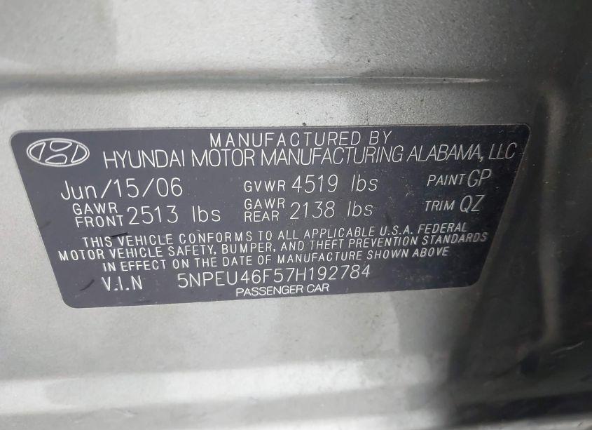 Photo 9 of 2007 Hyundai Sonata LIMITED/SE V6 (VIN 5NPEU46F57H192784)