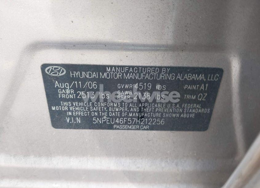 Photo 9 of 2007 Hyundai Sonata LIMITED/SE V6 (VIN 5NPEU46F57H212256)