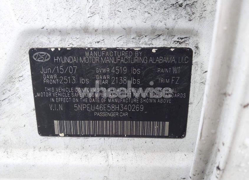 Photo 9 of 2008 Hyundai Sonata LIMITED V6/SE V6 (VIN 5NPEU46F58H340269)