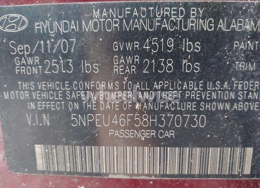 Photo 9 of 2008 Hyundai Sonata LIMITED V6/SE V6 (VIN 5NPEU46F58H370730)