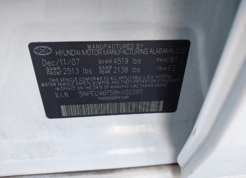 Photo 9 of 2008 Hyundai Sonata LIMITED V6/SE V6 (VIN 5NPEU46F58H400390)