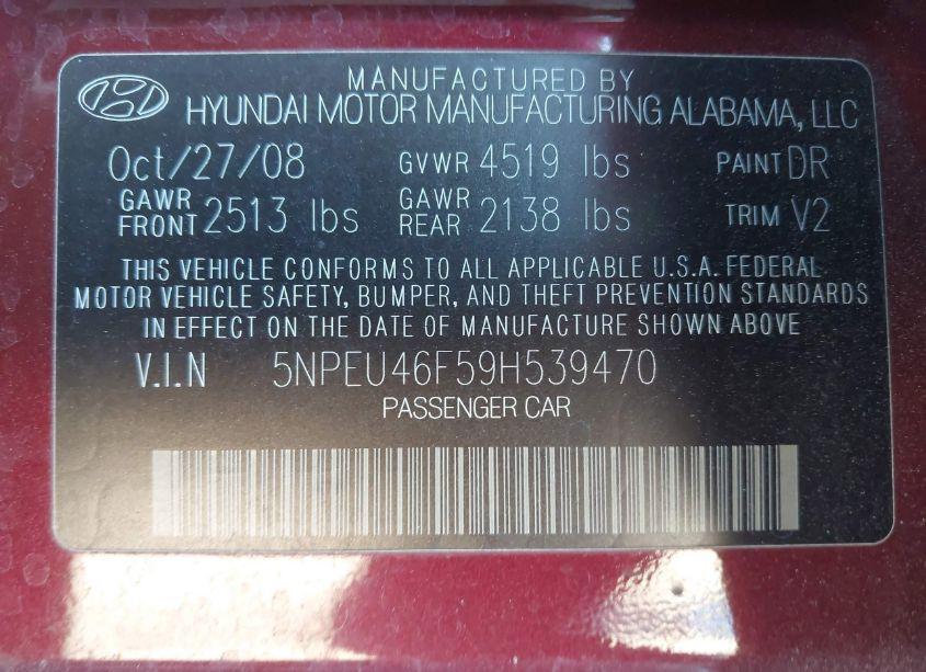 Photo 9 of 2009 Hyundai Sonata LIMITED V6 (VIN 5NPEU46F59H539470)