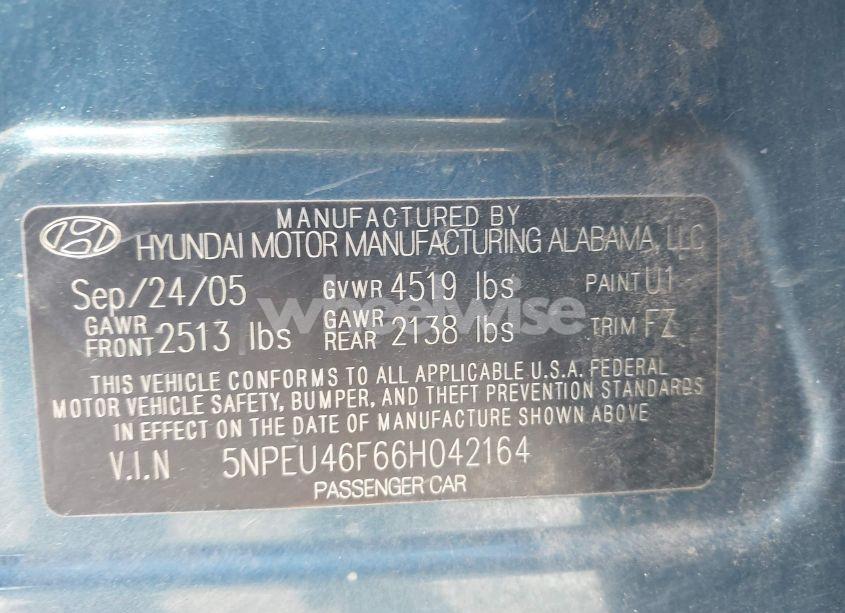 Photo 9 of 2006 Hyundai Sonata GLS V6/LX V6 (VIN 5NPEU46F66H042164)