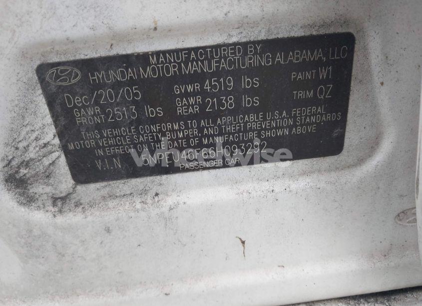 Photo 9 of 2006 Hyundai Sonata GLS V6/LX V6 (VIN 5NPEU46F66H093292)