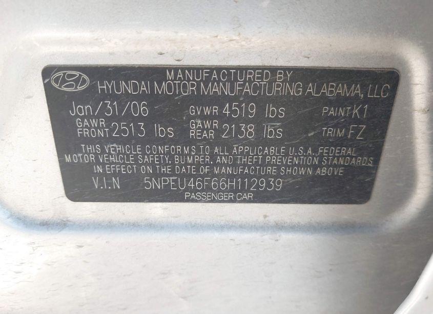 Photo 9 of 2006 Hyundai Sonata GLS V6/LX V6 (VIN 5NPEU46F66H112939)