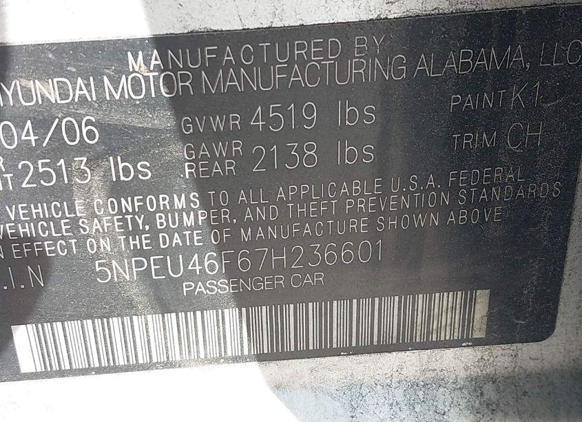 Photo 9 of 2007 Hyundai Sonata LIMITED/SE V6 (VIN 5NPEU46F67H236601)