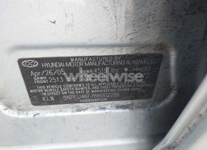 Photo 9 of 2006 Hyundai Sonata GLS V6/LX V6 (VIN 5NPEU46F76H002286)