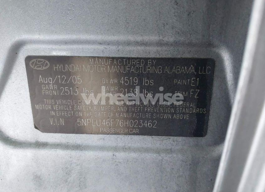 Photo 9 of 2006 Hyundai Sonata GLS V6/LX V6 (VIN 5NPEU46F76H023462)