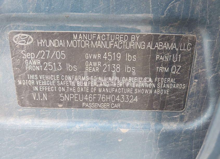 Photo 9 of 2006 Hyundai Sonata GLS V6/LX V6 (VIN 5NPEU46F76H043324)