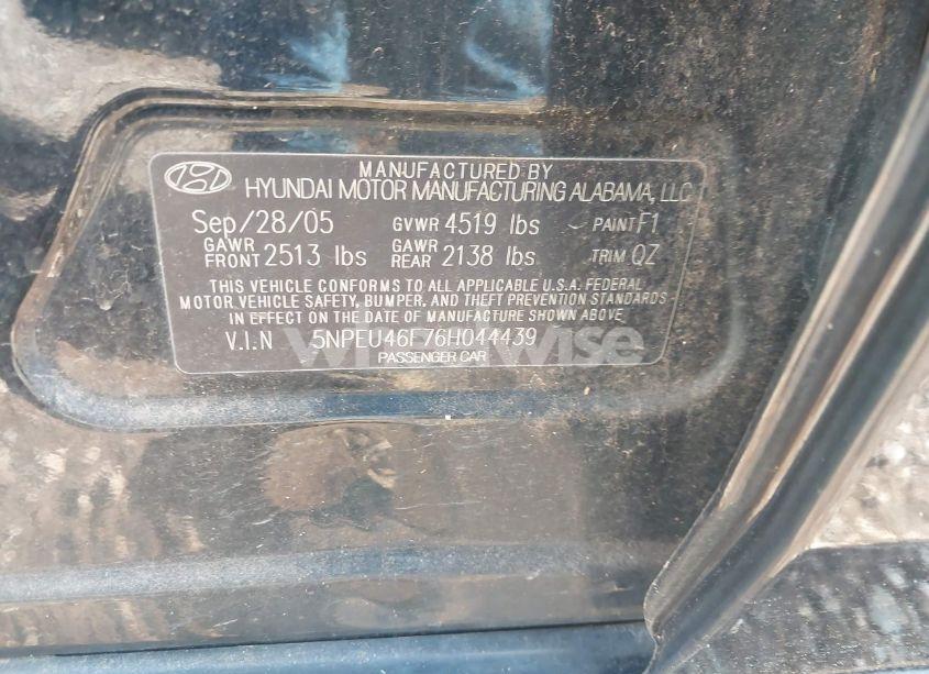 Photo 9 of 2006 Hyundai Sonata GLS V6/LX V6 (VIN 5NPEU46F76H044439)