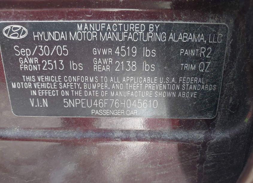 Photo 9 of 2006 Hyundai Sonata GLS V6/LX V6 (VIN 5NPEU46F76H045610)