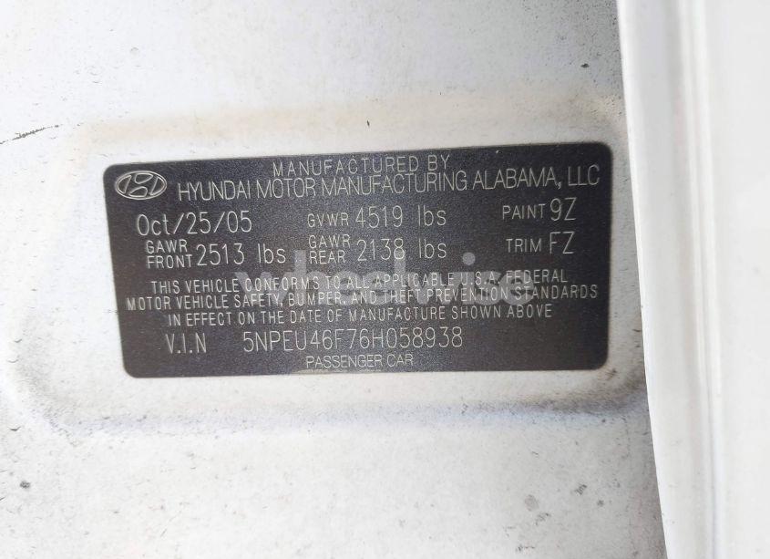 Photo 9 of 2006 Hyundai Sonata GLS V6/LX V6 (VIN 5NPEU46F76H058938)