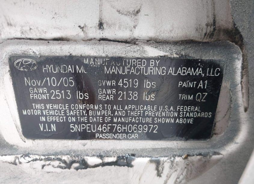 Photo 9 of 2006 Hyundai Sonata GLS V6/LX V6 (VIN 5NPEU46F76H069972)