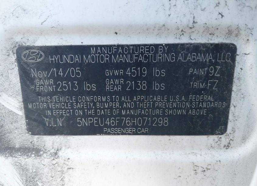 Photo 9 of 2006 Hyundai Sonata GLS V6/LX V6 (VIN 5NPEU46F76H071298)