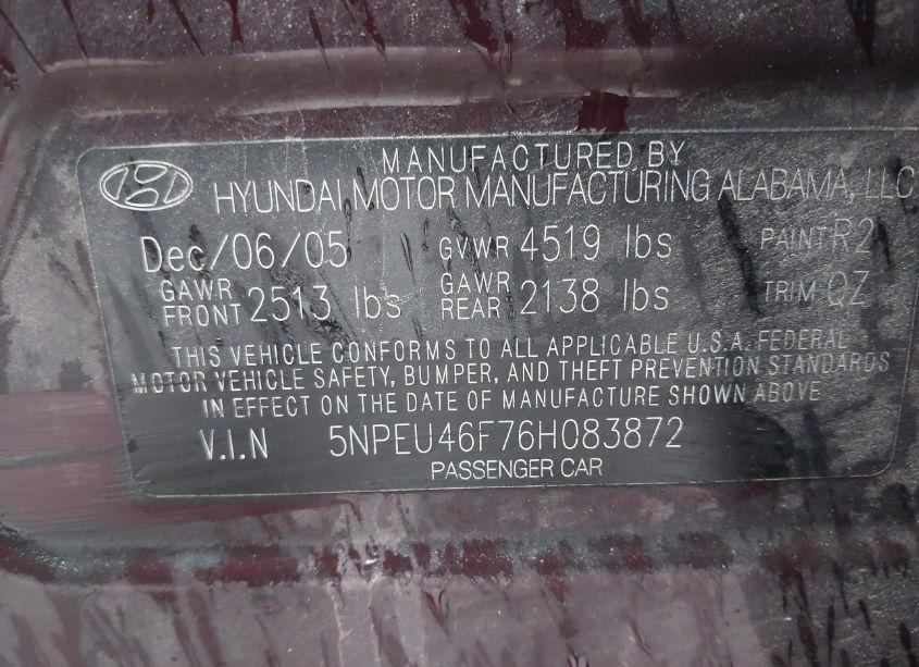 Photo 9 of 2006 Hyundai Sonata GLS V6/LX V6 (VIN 5NPEU46F76H083872)