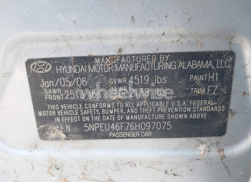 Photo 9 of 2006 Hyundai Sonata GLS V6/LX V6 (VIN 5NPEU46F76H097075)