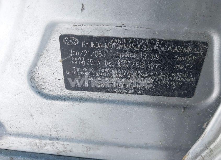 Photo 9 of 2006 Hyundai Sonata GLS V6/LX V6 (VIN 5NPEU46F76H106616)