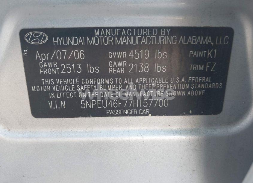 Photo 9 of 2007 Hyundai Sonata LIMITED/SE V6 (VIN 5NPEU46F77H157700)