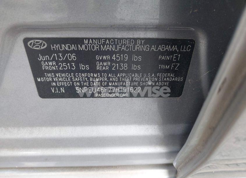 Photo 9 of 2007 Hyundai Sonata LIMITED/SE V6 (VIN 5NPEU46F77H191622)