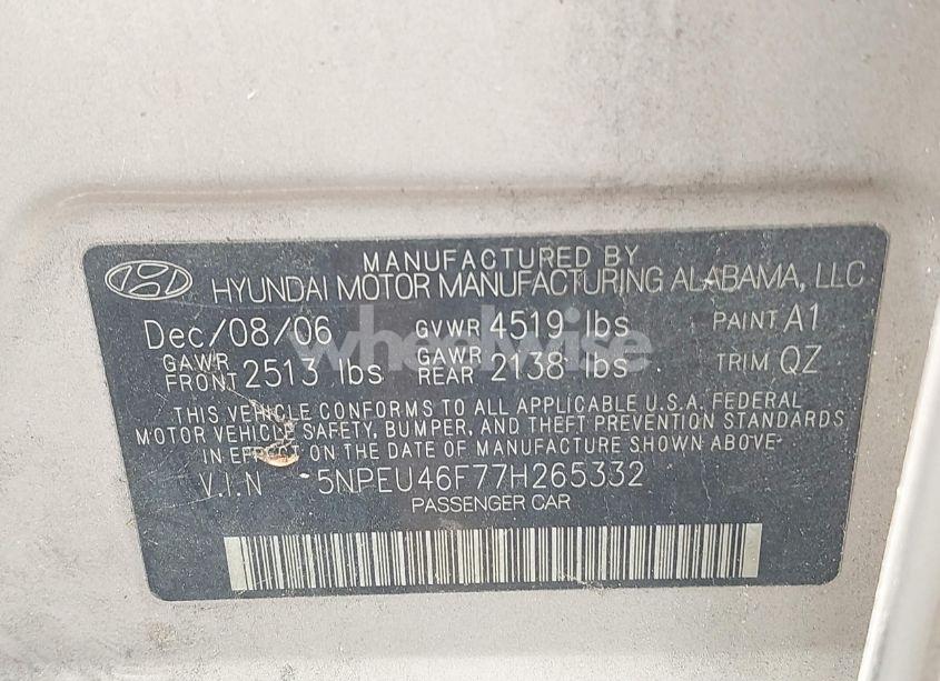 Photo 9 of 2007 Hyundai Sonata LIMITED/SE V6 (VIN 5NPEU46F77H265332)