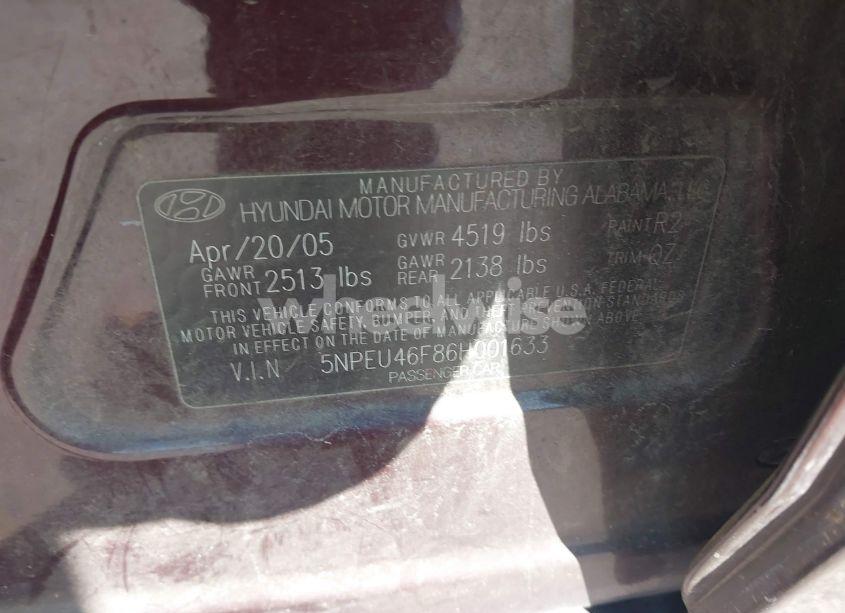 Photo 9 of 2006 Hyundai Sonata GLS V6/LX V6 (VIN 5NPEU46F86H001633)