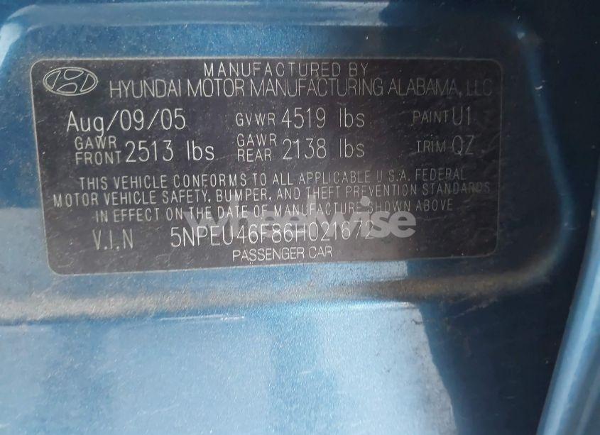 Photo 9 of 2006 Hyundai Sonata GLS V6/LX V6 (VIN 5NPEU46F86H021672)