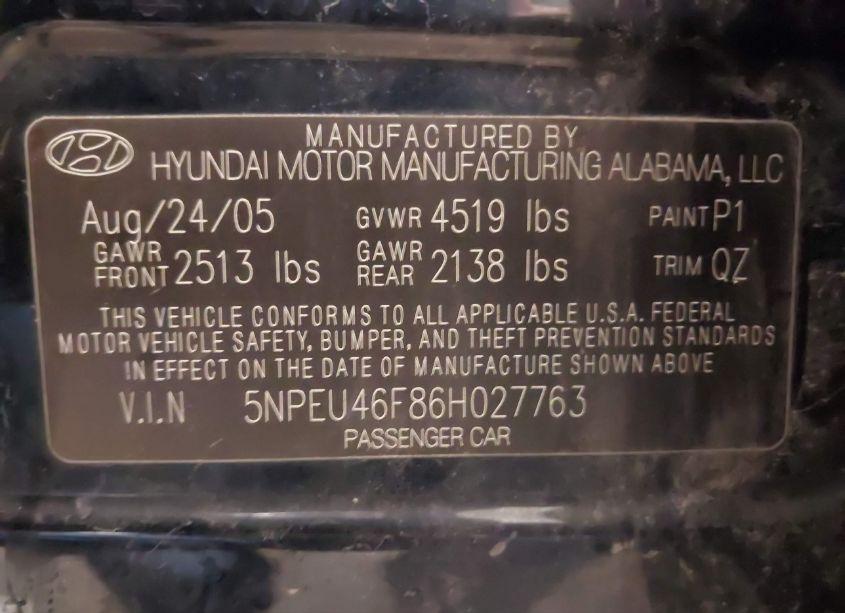 Photo 9 of 2006 Hyundai Sonata GLS V6/LX V6 (VIN 5NPEU46F86H027763)