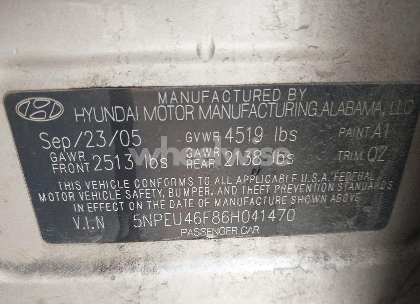 Photo 9 of 2006 Hyundai Sonata GLS V6/LX V6 (VIN 5NPEU46F86H041470)