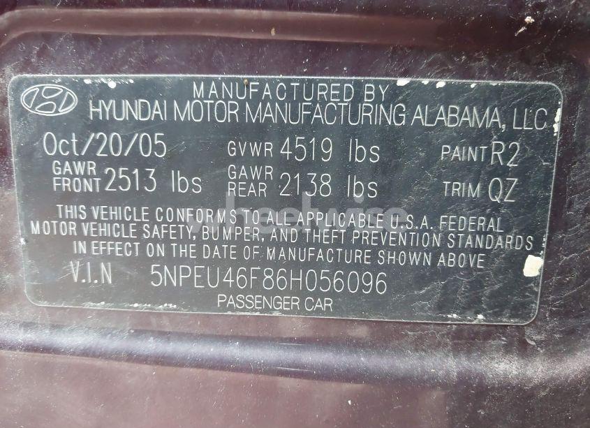 Photo 9 of 2006 Hyundai Sonata GLS V6/LX V6 (VIN 5NPEU46F86H056096)