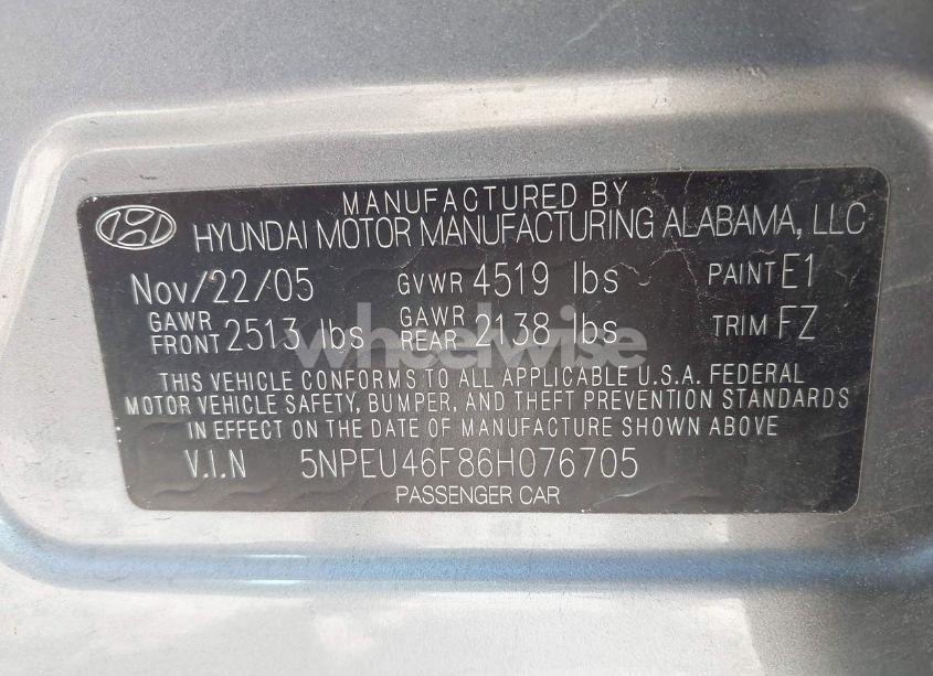 Photo 9 of 2006 Hyundai Sonata GLS V6/LX V6 (VIN 5NPEU46F86H076705)