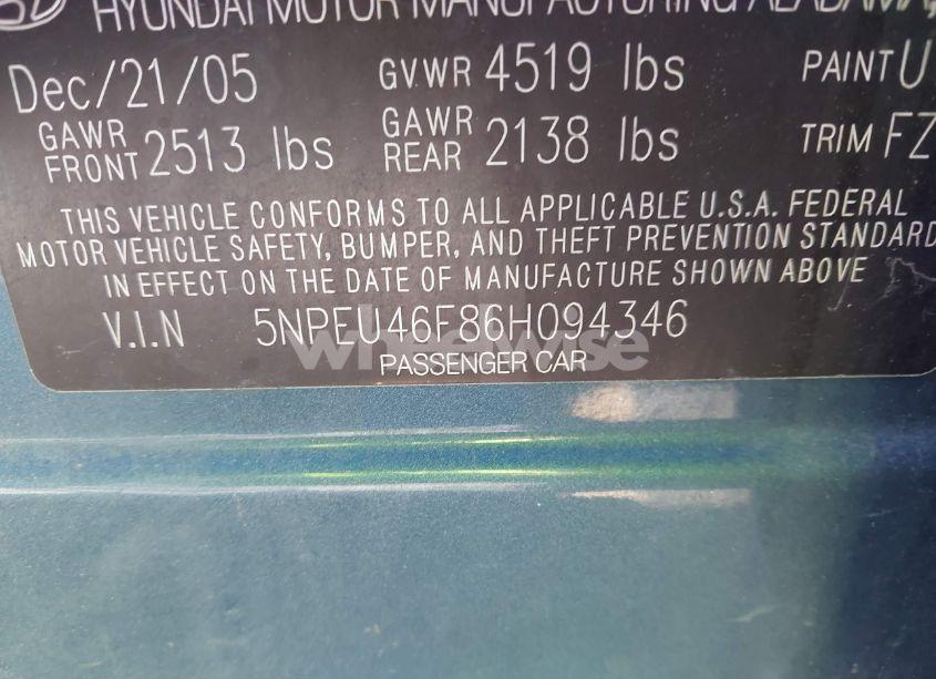 Photo 9 of 2006 Hyundai Sonata GLS V6/LX V6 (VIN 5NPEU46F86H094346)