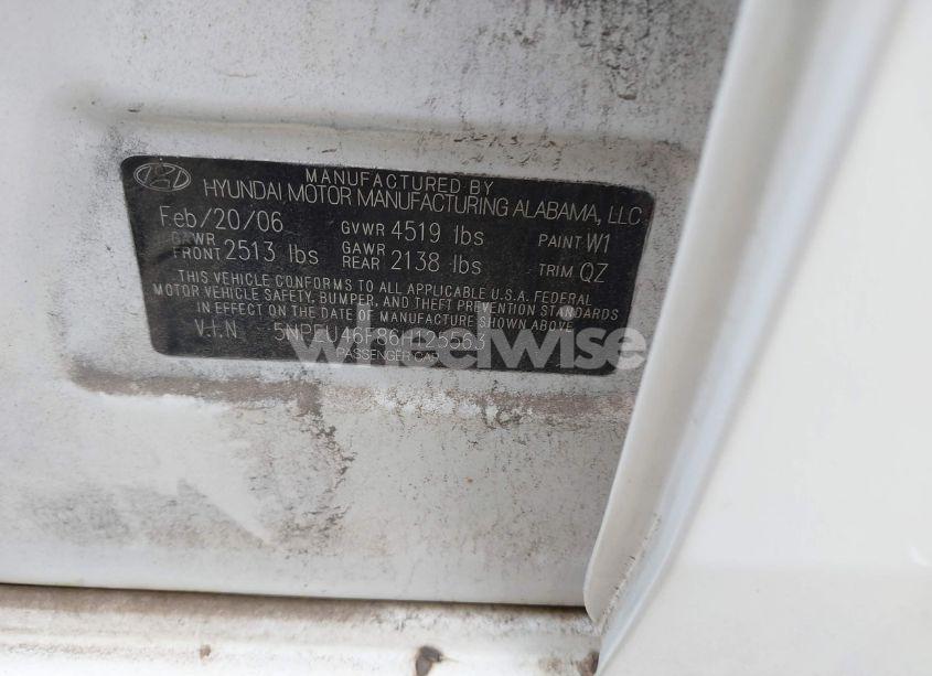 Photo 9 of 2006 Hyundai Sonata GLS V6/LX V6 (VIN 5NPEU46F86H125563)
