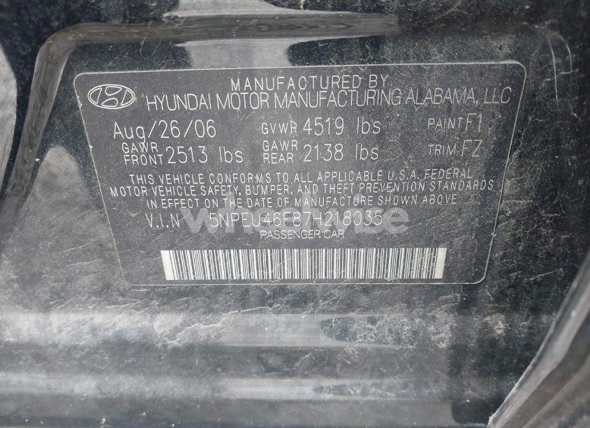 Photo 9 of 2007 Hyundai Sonata LIMITED/SE V6 (VIN 5NPEU46F87H218035)
