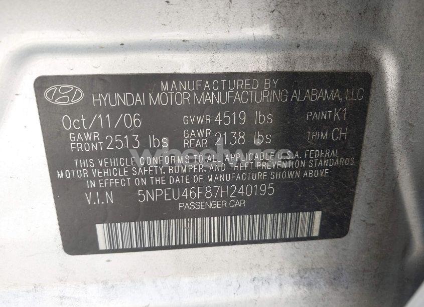 Photo 9 of 2007 Hyundai Sonata LIMITED/SE V6 (VIN 5NPEU46F87H240195)