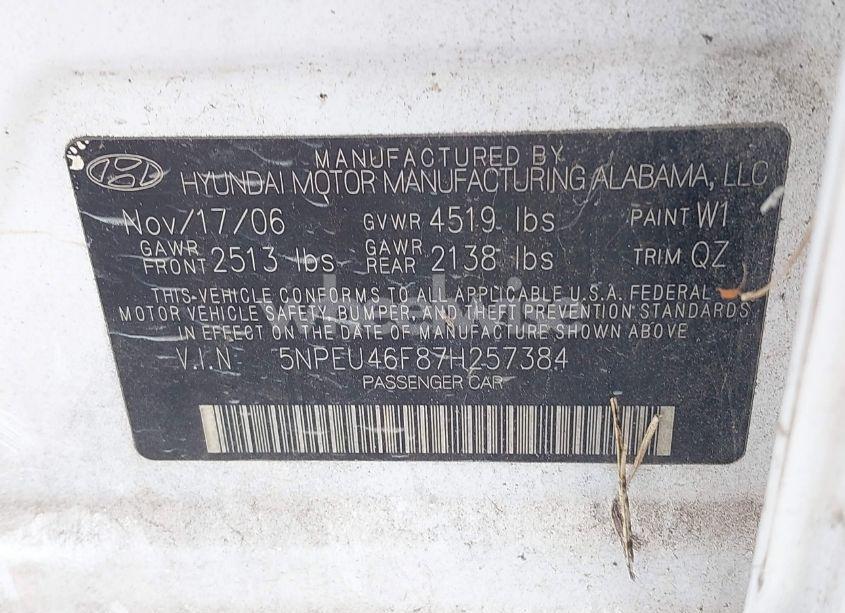 Photo 9 of 2007 Hyundai Sonata LIMITED/SE V6 (VIN 5NPEU46F87H257384)