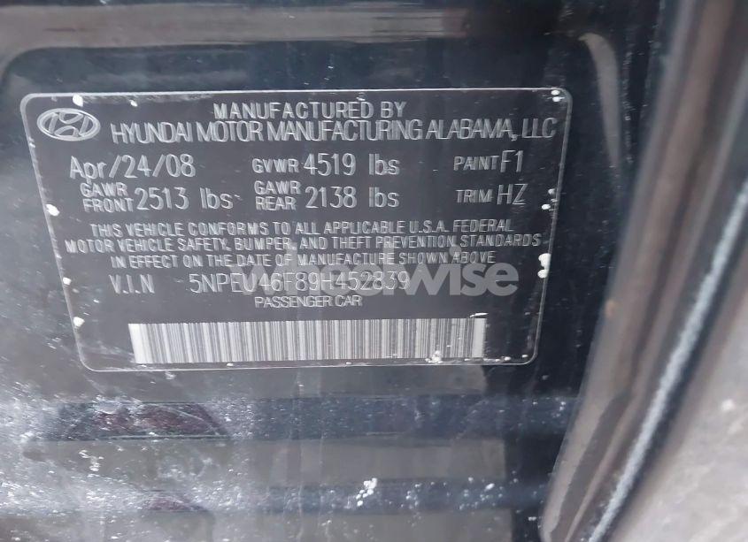 Photo 9 of 2009 Hyundai Sonata SE V6 (VIN 5NPEU46F89H452839)