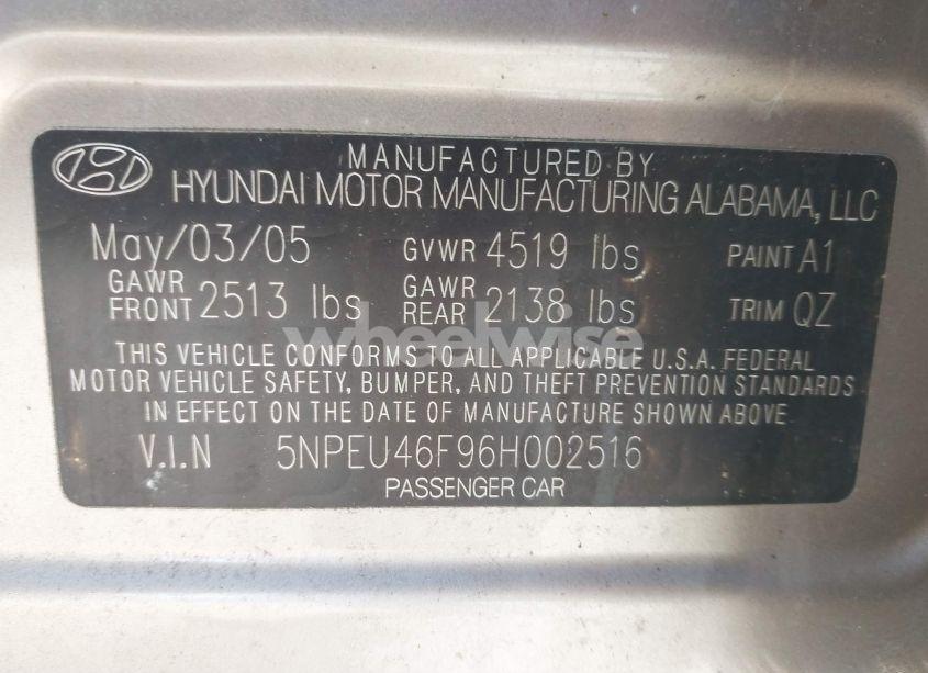 Photo 9 of 2006 Hyundai Sonata GLS V6/LX V6 (VIN 5NPEU46F96H002516)